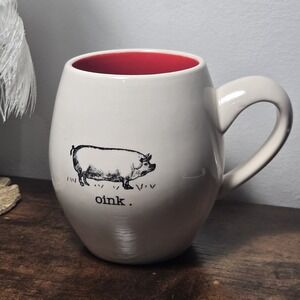 Rae Dunn Oink Farmline Original M Stamp Coffee Mug 16oz Red Interior‎